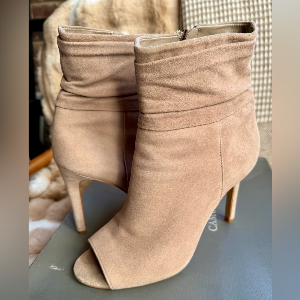 Vince Camuto suede peep toe booties.
